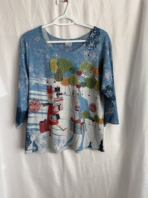 Et' Louis Womens Christmas Shirt Medium Santa Packages Artsy Wearable Art Comfy
