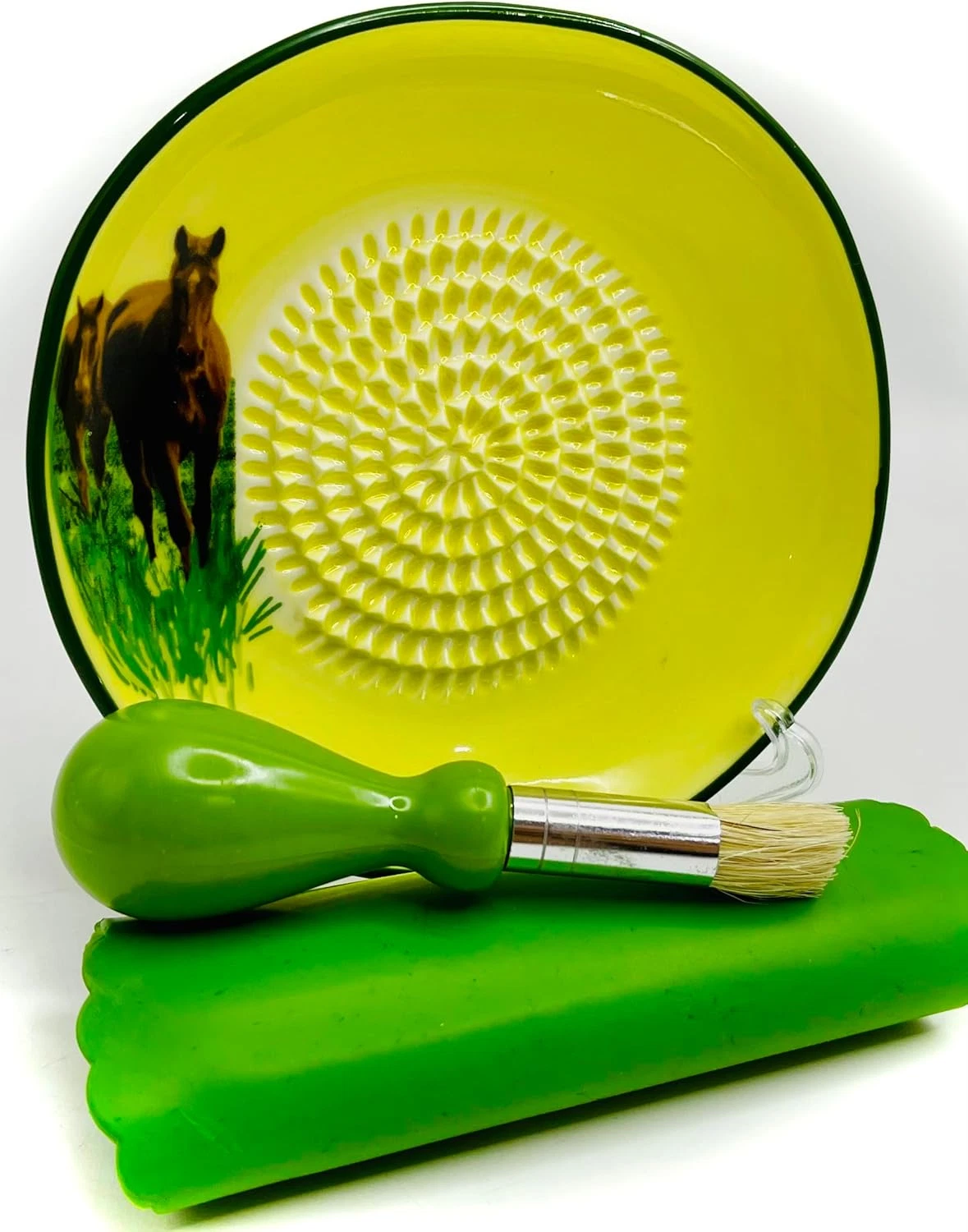 Boncera, All-In-One Premium Ceramic Garlic Grater Plate 4-Piece Set - Horse Desi