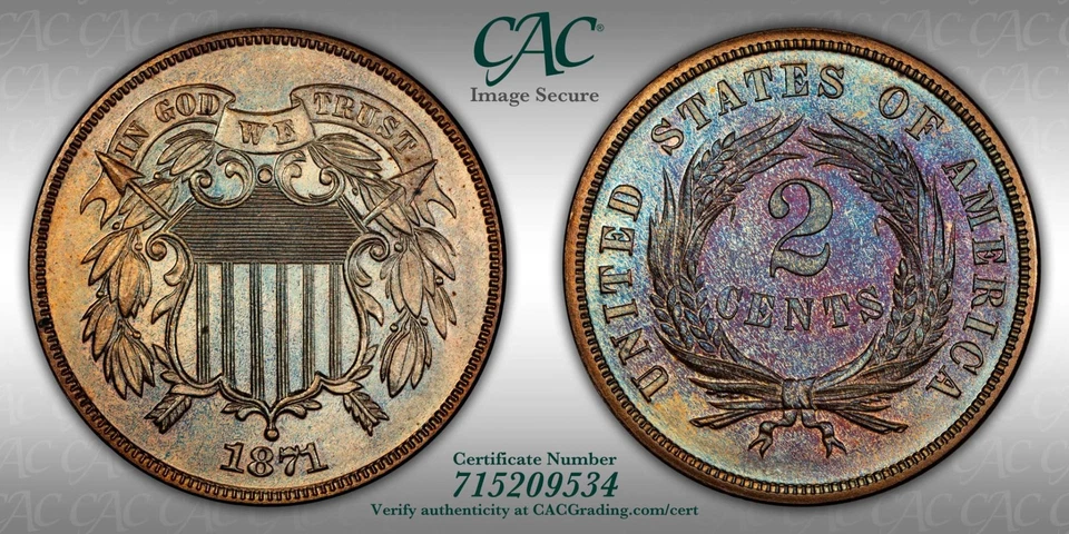 1871 2C Two Cent Piece CACG PR66BN CAC - Image 3 of 3