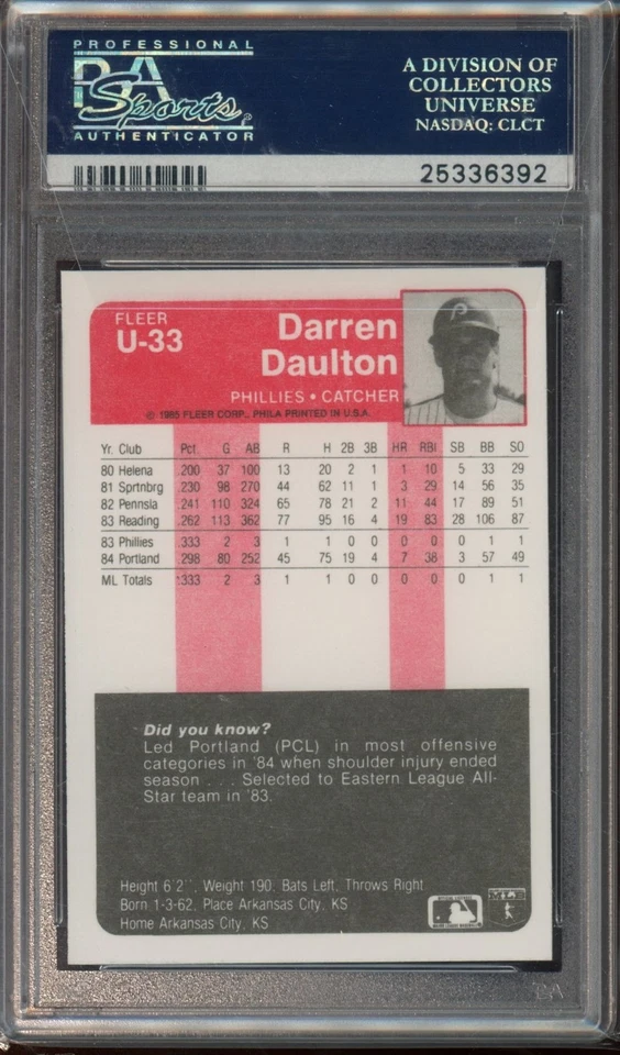 1985 Fleer Update #U-33 Darren Daulton PSA 10 - Image 2 of 2