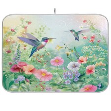 Vivid Pattern Large Kitchen Dish Drying Mat, Sping Wild Flowers Two Hummingbi...