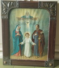 Quadro ANTICO Liberty GRANDEcm.62 Sacra Famiglia CORNICE BRONZO Icona Gesù Maria