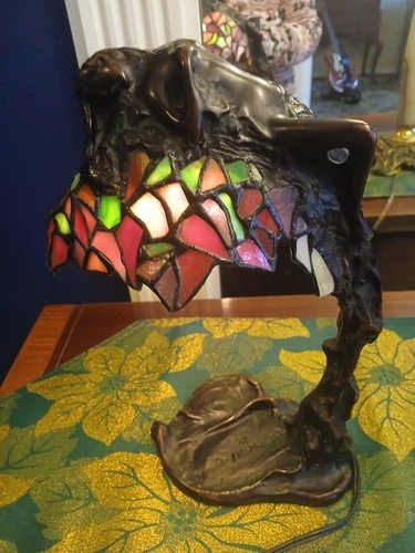 E. Thomasson Bronze & Stained Glass Art Nouveau Lamp Greek Nymph Daphne 12" READ