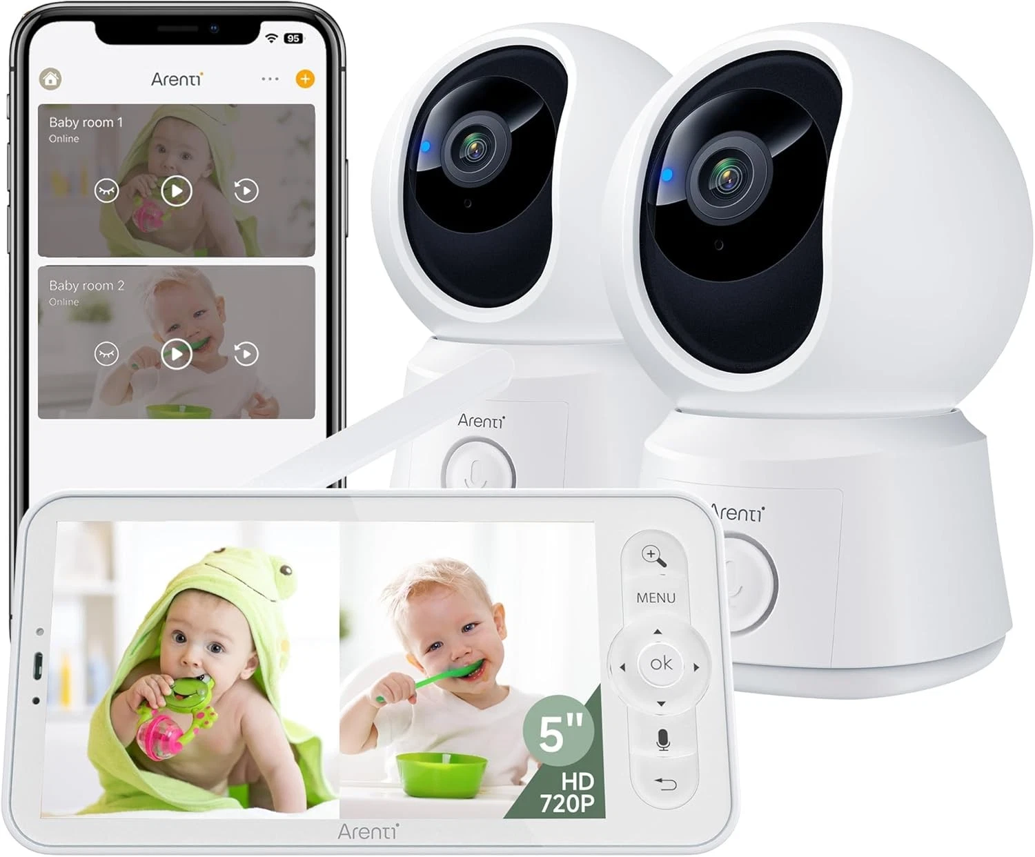 ARENTI Baby Monitor 2 Cameras, Smart Baby Camera with 5-Inch Wireless Display, S