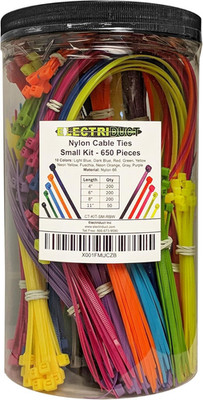 Nylon Cable Tie Kit - 650 Zip Ties - Multi Color (Blue, Red, Green, Yellow, Fuch
