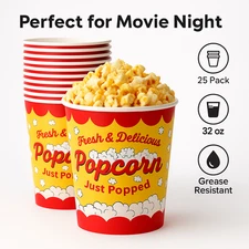 25 Pack Disposable Popcorn Buckets 32oz Paper Snack Cups Movie Night Party Cup