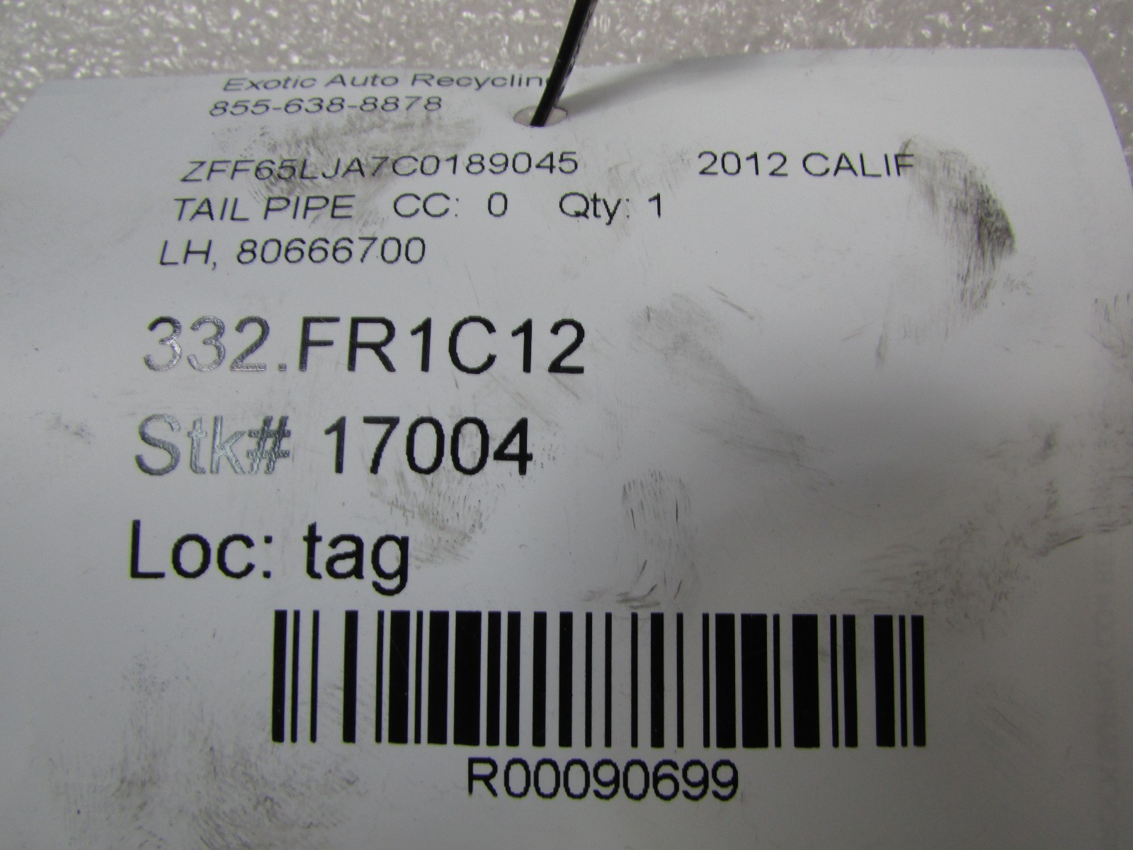 Ferrari California, LH, Left Tail Pipe, Used, P/N 80666700