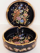 24k Gold Handmade In Greece Ashtrays Peacocks & Floral Design lot of 2 Atlas