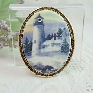 Authentic Vintage Porcelain Oval Gold Plated Light House Scene Pin Brooch