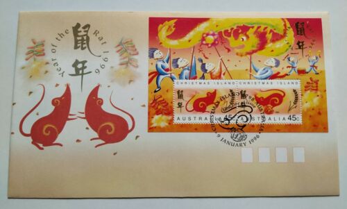 1996 Christmas Island Zodiac Animals Lunar Year of the Rat Mini-Sheet Stamp FDC - Picture 1 of 3