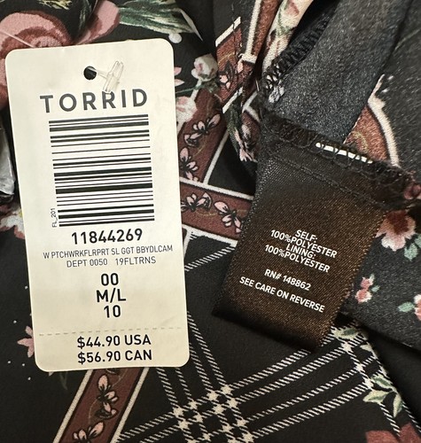 TORRID schwarzes geblümtes Camisole mit 1/4-Reißverschluss vorne - Taschentuchsaum - Gr. 00-10 (M/L) - Neu mit Etikett - Bild 4 von 5