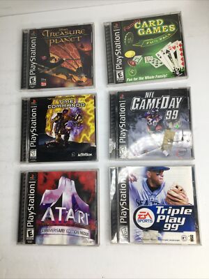 6 PlayStation PS1 Game Lot: Time Commando, Treasure Planet, Atari, NFL, MLB+