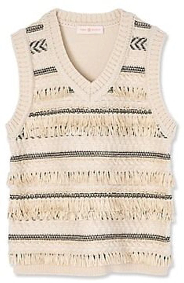 NWT Tory Burch Cream Striped Jacquard V-Neck Sweater Vest With Fringe XL NEW