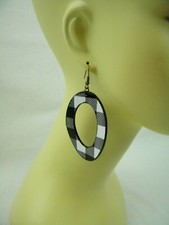 Brown and White Buffalo Plaid Faux Leather Oval Dangle Earrings Brand New
