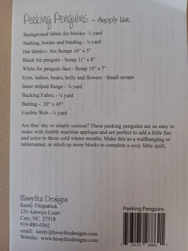 Hissyfitz Designs Quilt Pattern HD0660 Peeking Penguins Applique 43.5" x 16.5" - Image 2 of 2