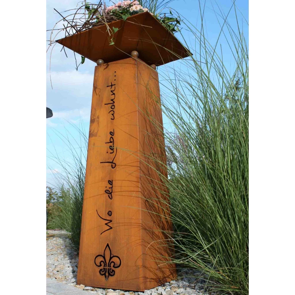 Dekosäule "Wo die Liebe wohnt" - Metall Gartendeko Rost Säule mit Blumenschale - Bild 2 von 3