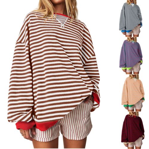 Women's Oversized Striped Color Blocking Long Sleeved Round Neck Sports Shirt - Picture 1 of 26