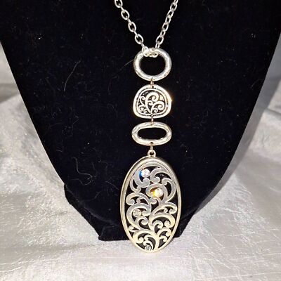 Artsy Women's Necklace Silver Scroll Rhinestone Mother of Pearl Boho Elegant