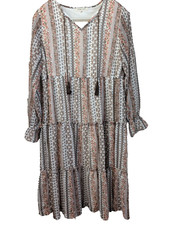 Indigo Soul Tiered Long Sleeve Peasant Midi Dress M Tassel Tie Boho Cottagecore