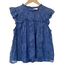 LC Lauren Conrad Womens Ruffle High-Neck Flutter Sleeve Blouse Size Small Blue
