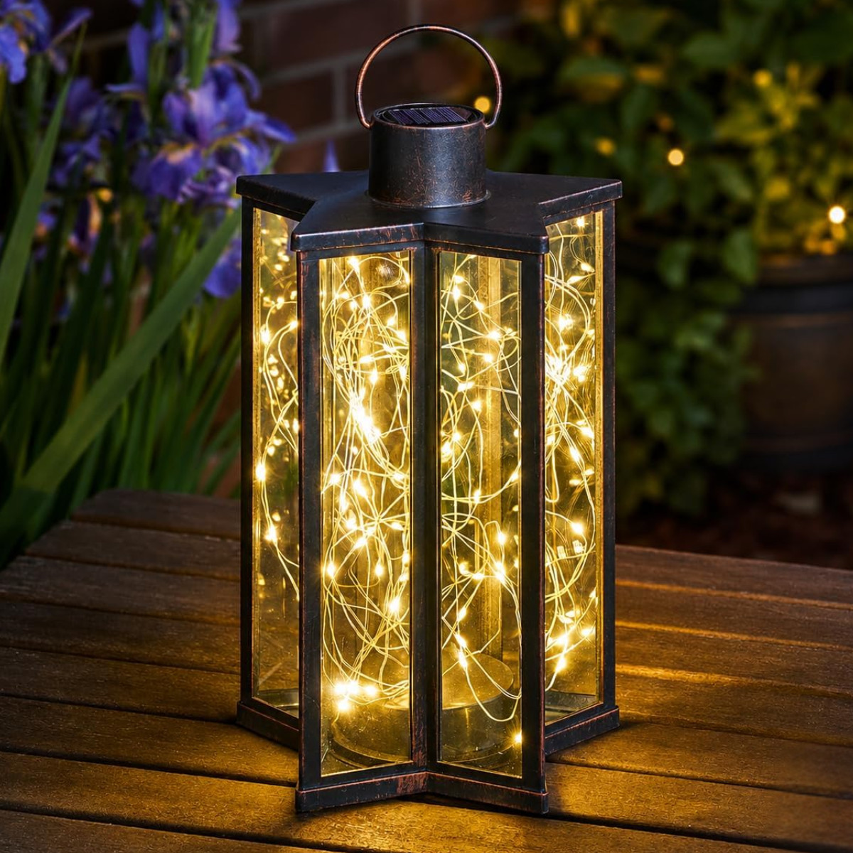 Solar Firefly LED Bronze Star Warm White Outdoor Garden Hanging Table Lantern