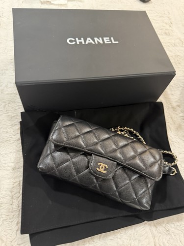 CHANEL Black Quilted Flap Waistband Bag Gold Chain Strap w/ Box Dust Bag