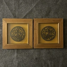 Vintage Thai Art Carved Rubbing Figures Wall Nang Glass Art Wood Framed