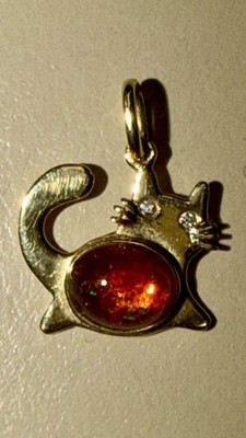 Orange Cat  Mexican Fire Opal & Diamond Pendant Only 14K Yellow Gold