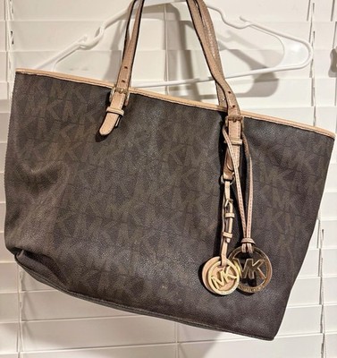 Michael Kors Brown MK Monogram Large Tote w/ Beige Straps Charm Gold Hardware