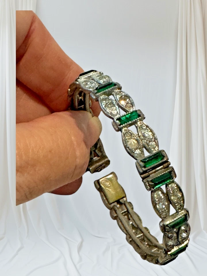 Antique Art Deco Silver Paste Hinged Bangle Bracelet w/ safety Needs TLC - Image 4 of 4