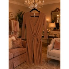 Free People Brown Ribbed Twist Front Knit Dress V Neck Slit XS Business Casual