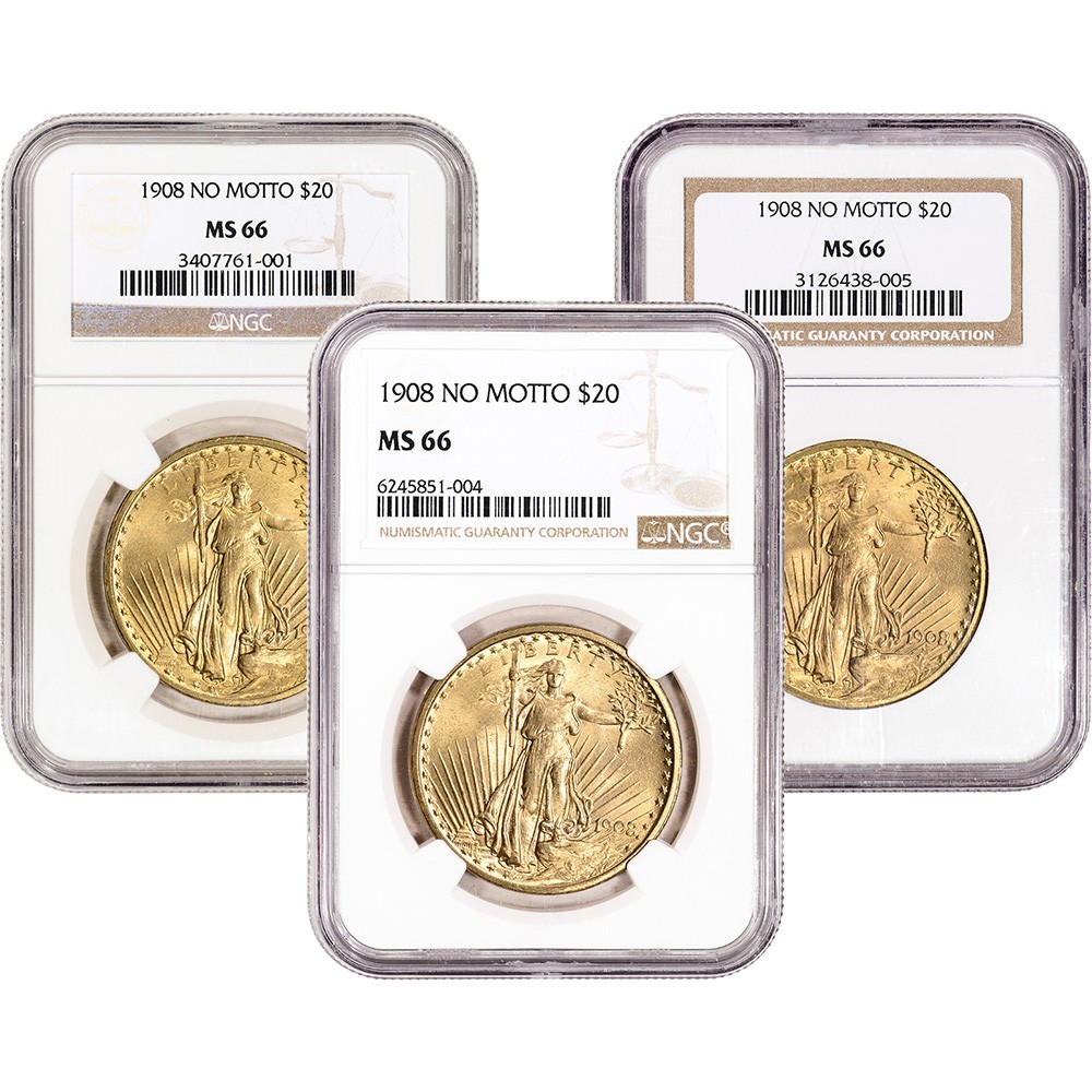 US Gold $20 Saint-Gaudens Double Eagle Coin NGC MS66 1908 No Motto