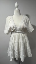 NWT Aerie Mini Dress Womens M White Gauzy Deep V-Neck Tiered Deep-Cut Back Gauze