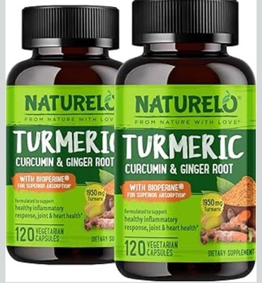 2 Pack NATURELO TUMERIC CURCUMIN & GINGER ROOT WITH BIOPENE 120 VEG Exp 6/26