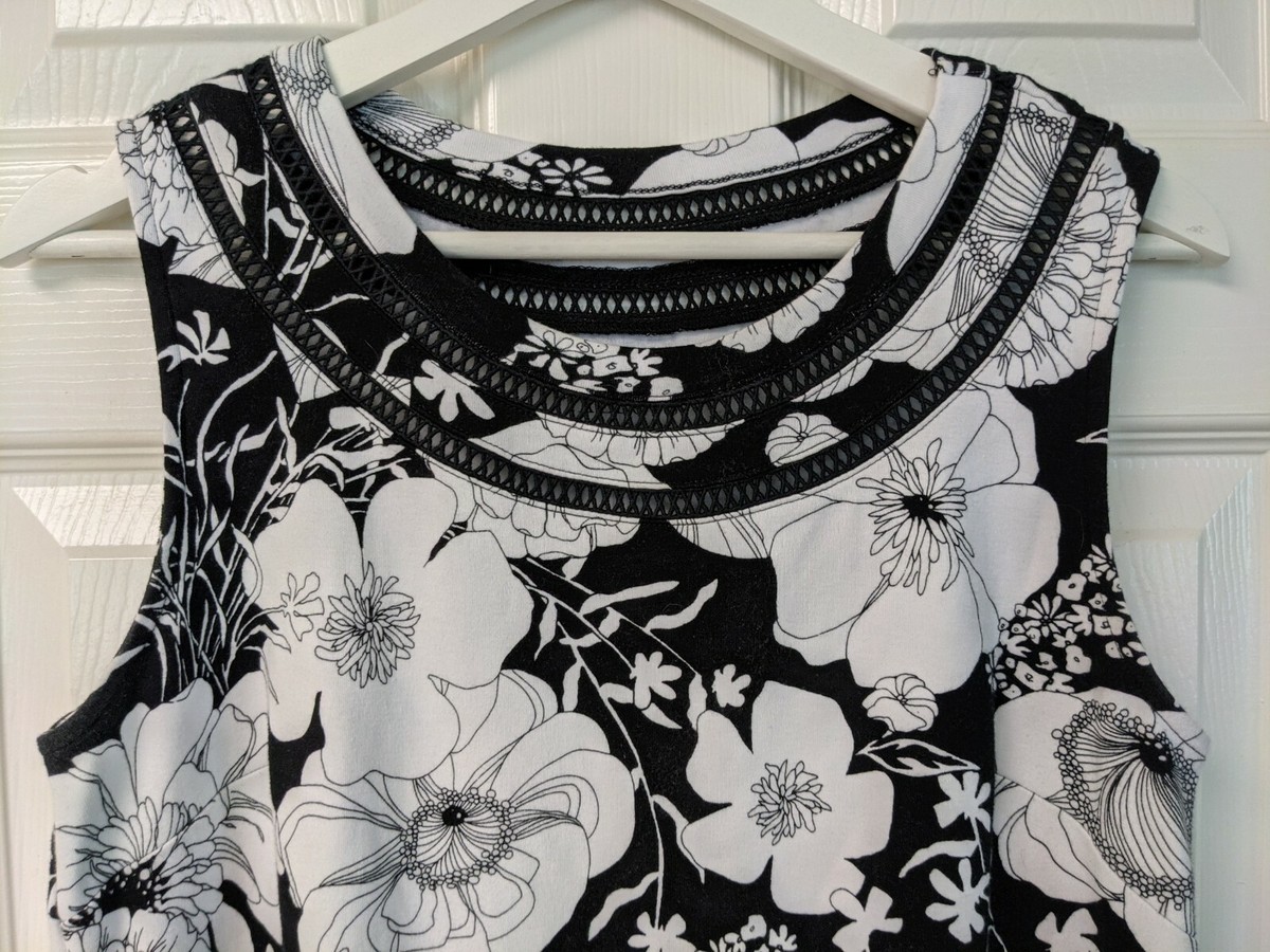 Talbots Knit Dress Black White Floral Sleeveless Neck Detail Womens Medium  | eBay