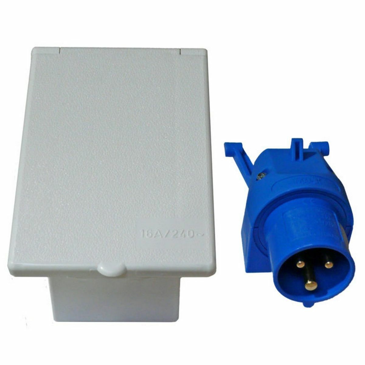 White 230v electric 16 amp Flush Angled inlet for caravan motorhome Campervan