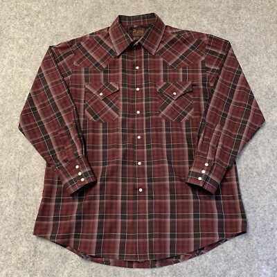 Plains Western Wear Shirt Mens L Maroon Black Plaid Pearl Snaps