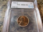 1955-S LINCOLN WHEAT CENT RARE RPM #1 S/S/S ICG MS66 RD   2001