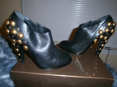 Gucci Black Leather Gold Studded 4.3'' Heel Booties Babouska Style Boots Sz 37+