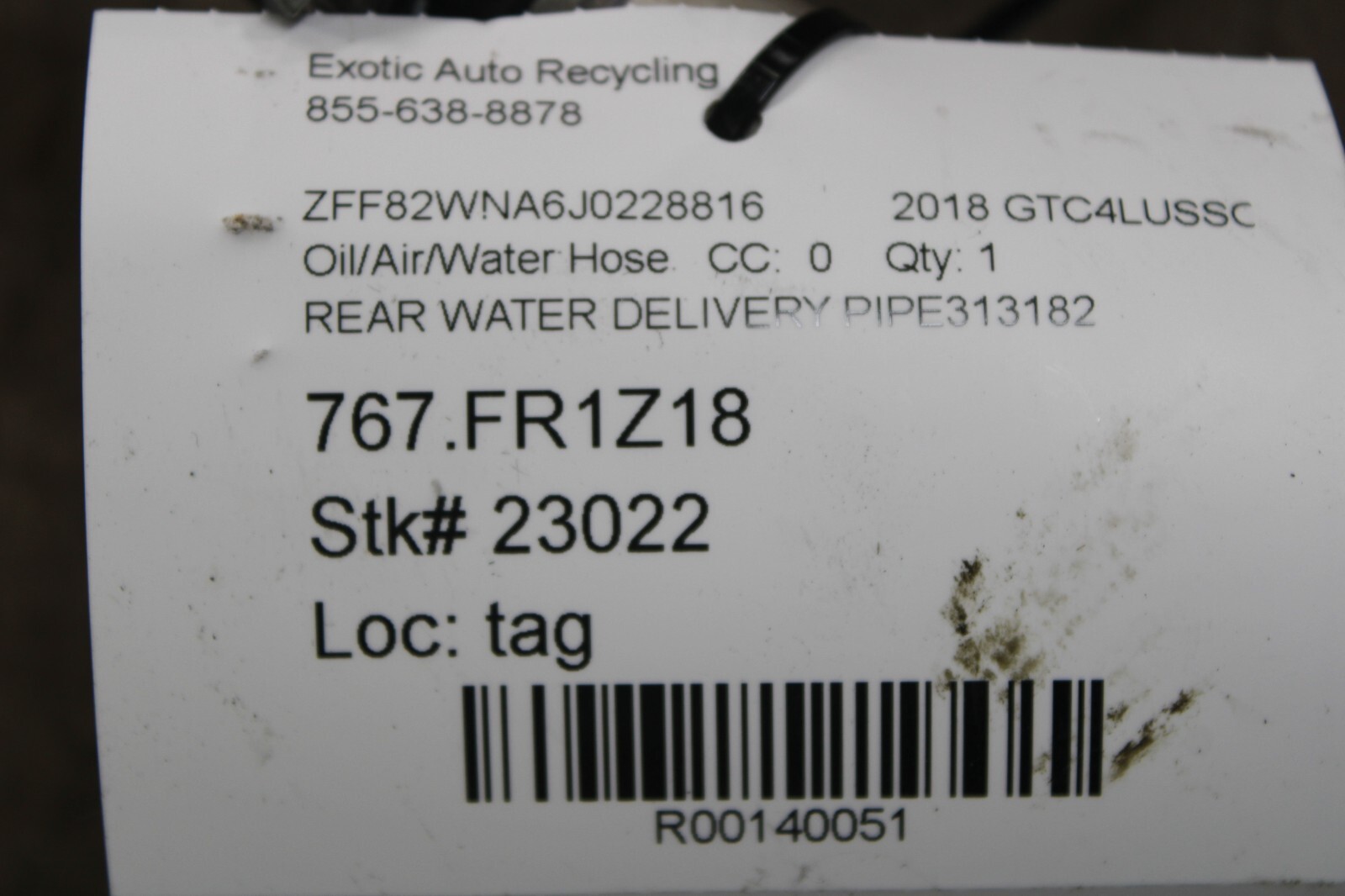 Ferrari GTC4 Lusso, Rear Water Delivery Pipe, Used, P/N 313182