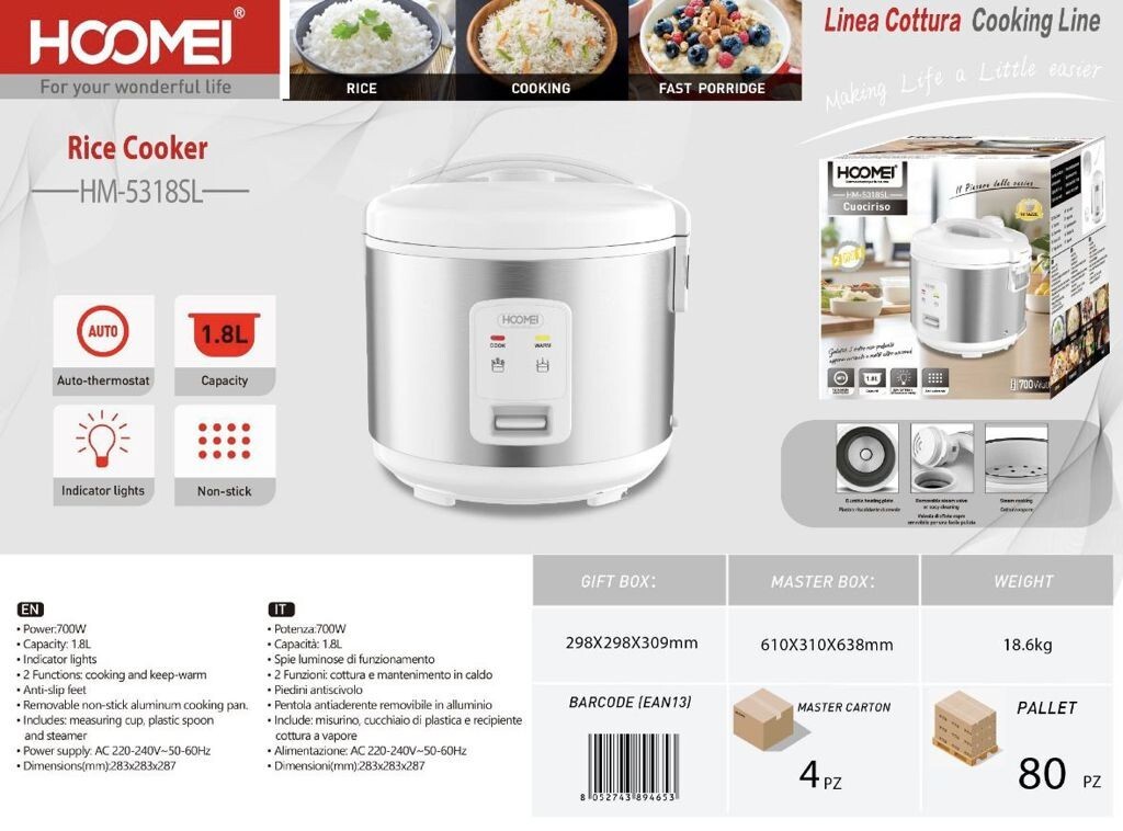 Cuociriso Hoomei HM 5318SL 1.8L 700W: Riso Perfetto Ogni Giorno