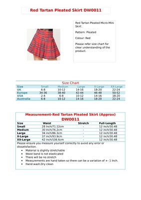 Red Tartan Mini Skirt Women's Girl Soft Lycra Check High Pleated