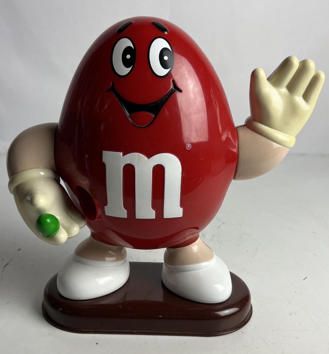 Red M&M's Peanut Man Candy Dispenser Holding Green M&M Vintage