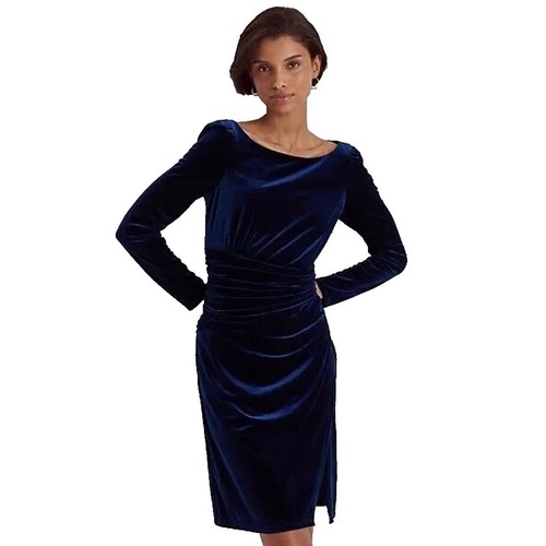 david's bridal blue velvet dress Davids DB Studio Long Sleeve Draped Sheath Size 10 Navy NEW Velvet Maxi DressSleevelessSweetheart NecklineCorset