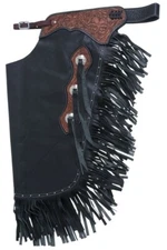 Western Chinks Chaps - Floral Tooled Yoke Smooth Black Leather - S,M,L,XL