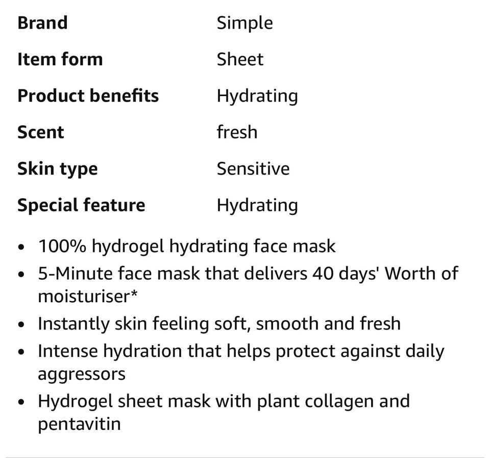 29 x  Simple 5 Minute Reset Hydrogel Mask Water Boost For Dry & Sensitive Skin - Image 2 of 4