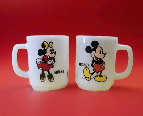Vintage Pepsi Collector Series Mickey & Minnie Mouse Milk Glass Mugs Set of 2