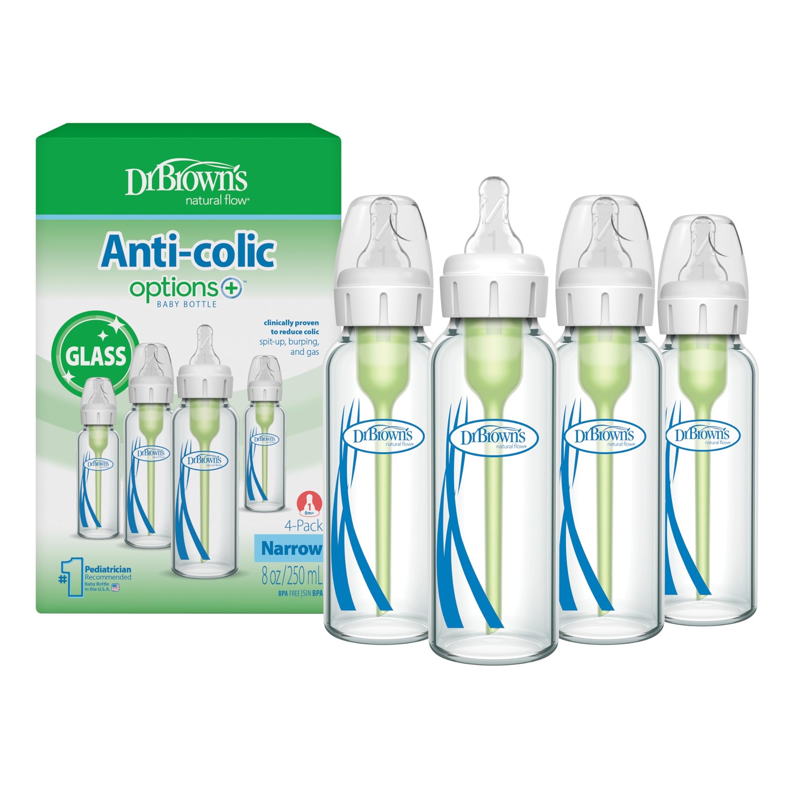 Dr. Brown's Anti-Colic Options+ Narrow Glass Baby Bottle with Level 1 Slow Flow