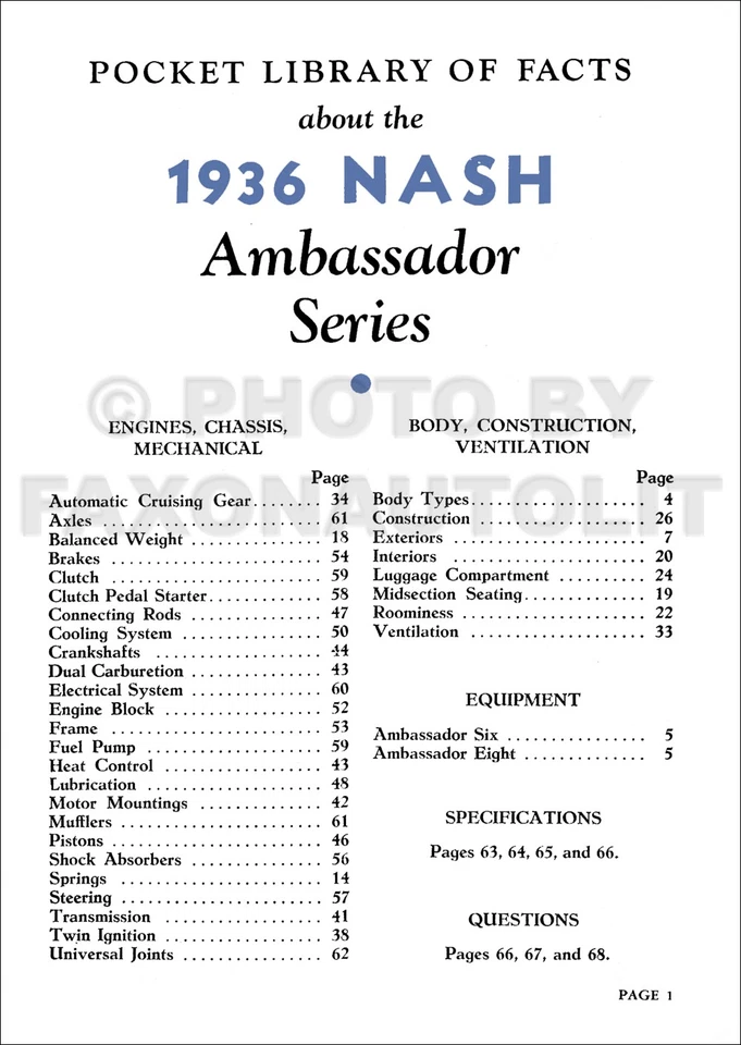 Nash Ambassador Facts 1936 álbum distribuidor de libros datos características opciones Foto 2 de 2