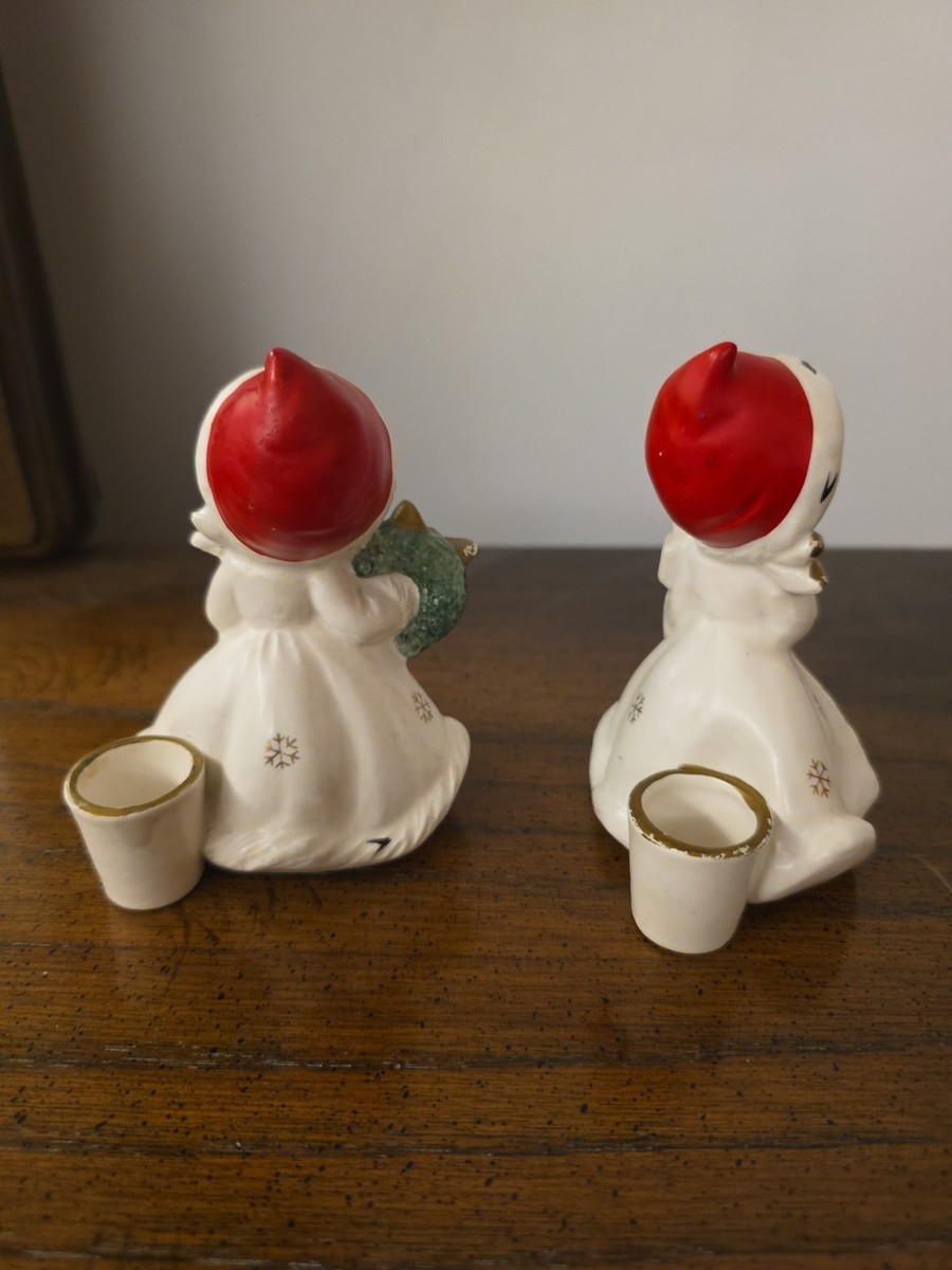 Vintage Napco Ceramic Snowflake Girls Figurines Christmas Candle